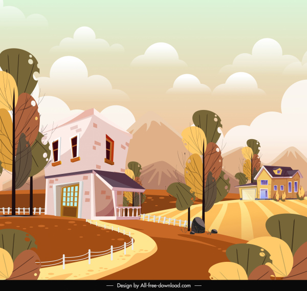 paisaje rural fondo casas de campo boceto colorido clásico