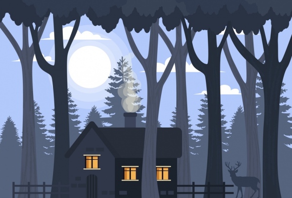 árvores de casa desenho de paisagem rural ícones da lua