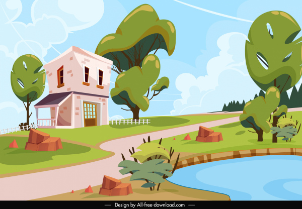 paisagem rural pintando brilhante desenho de árvores de casa coloridas