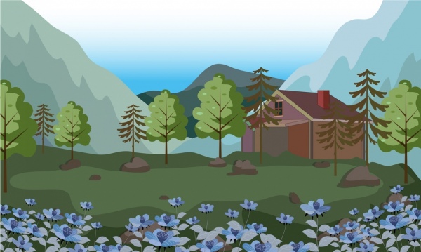 lukisan pemandangan pedesaan bunga cottage dekorasi ikon gunung