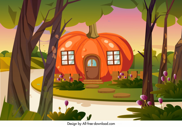 сельских жилых пейзаж картина тыквенный дом мультфильм эскиз