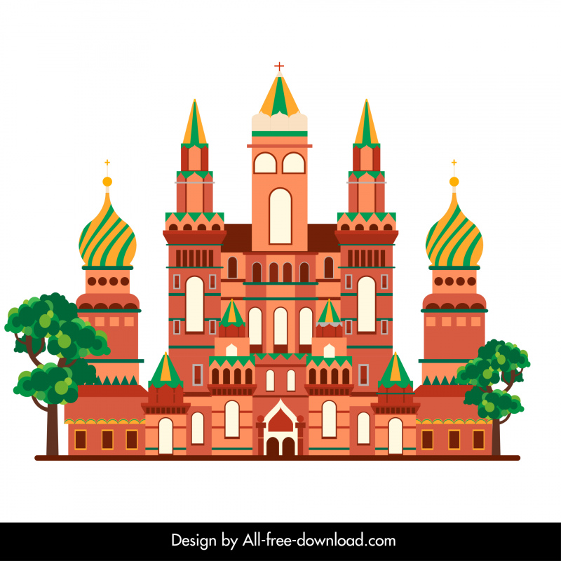 Elemen desain kastil Rusia sketsa klasik simetris datar