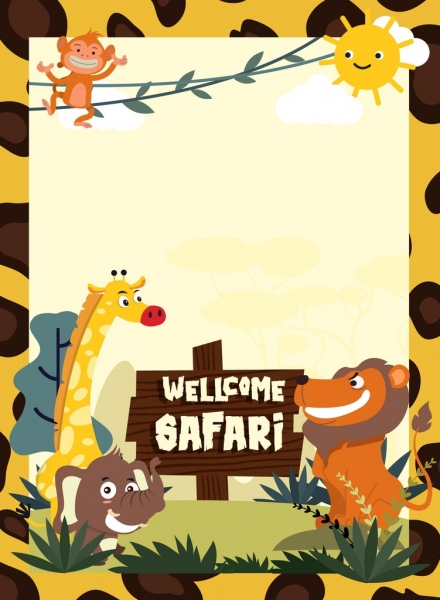 Safari publicidad banner animales iconos coloridos personajes de dibujos animados