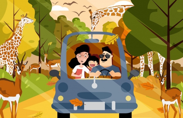 personagens dos desenhos animados safári pintando animais do carro da família ícones