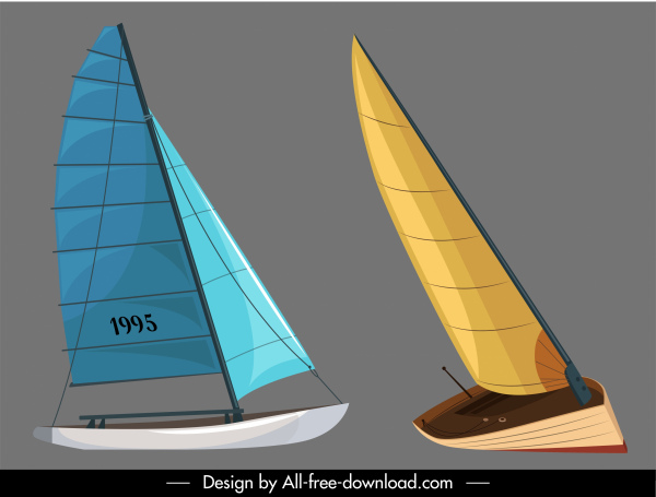 iconos de barco de vela coloreado 3d bosquejo
