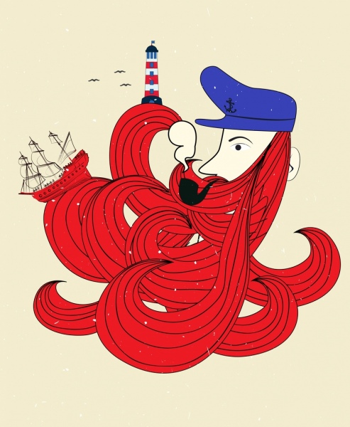 pelaut ikon pria rambut laut kapal mercusuar dekorasi