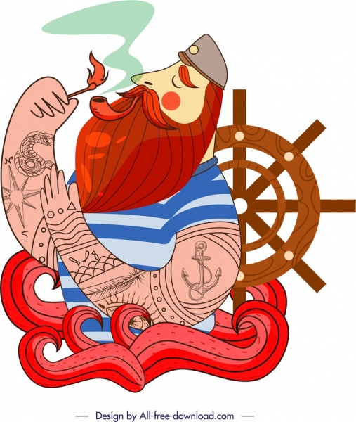 pelaut ikon Rokok kumis manusia sketsa desain klasik