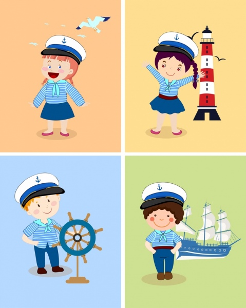 niño lindo de colección de iconos de marinero color de personaje de dibujos animados