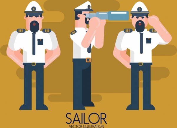 Icone di marinaio in piedi gesti colore personaggio dei cartoni animati