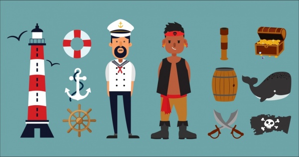 marynarz pirat zadania projektowania elementy kreskówki kolorowe ikony
