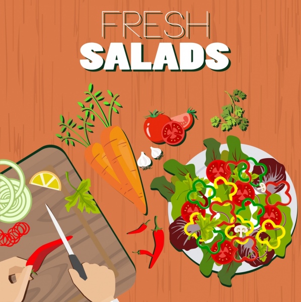 Salat, pflanzliche Zutat Symbole Essen Vorbereitung Hintergrund Werbung