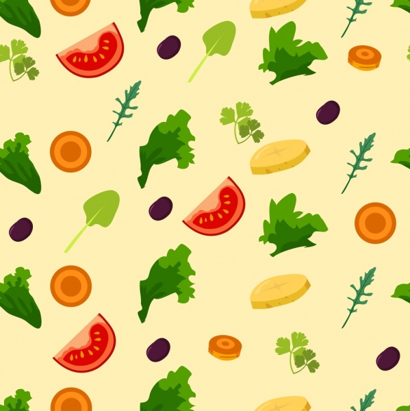 Salat Hintergrund verschiedene farbige Gemüse Symbole wiederholen Design