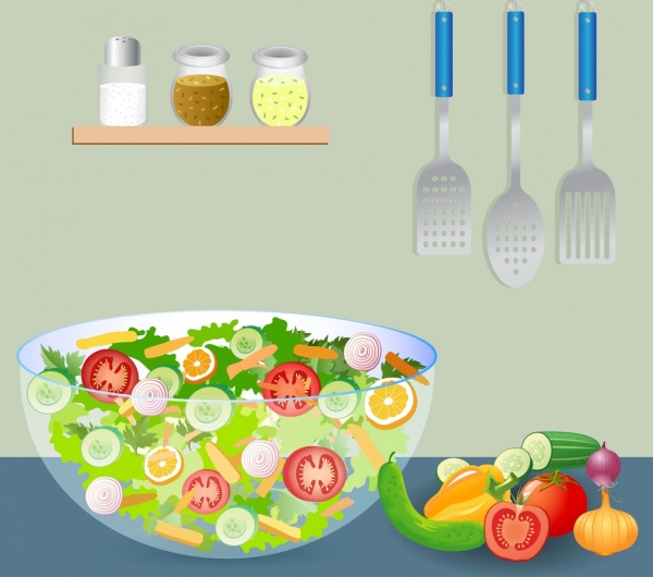 อาหารสลัดผักเครื่องครัวไอคอนหลายสีการออกแบบวาดภาพ