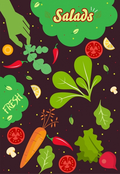 bahan-bahan salad latar belakang gelap warna-warni sayuran ikon desain