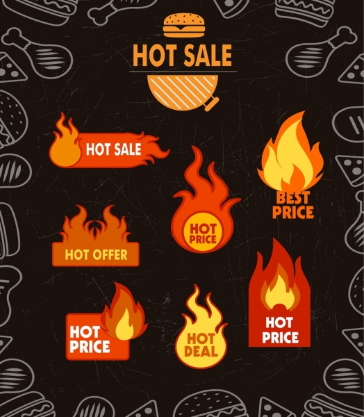 Bandera de la venta de comida rapida iconos adorno fuego