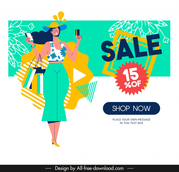 بيع قالب راية التسوق امرأة رسم ديكور ملونة