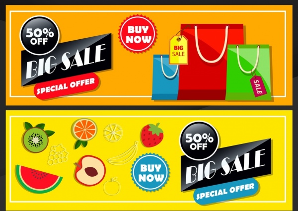 venta banner diseño colorido de los iconos de bolsas de fruta de plantillas