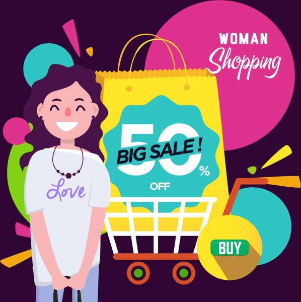 banner de vendas mulher shopping design elementos decoração