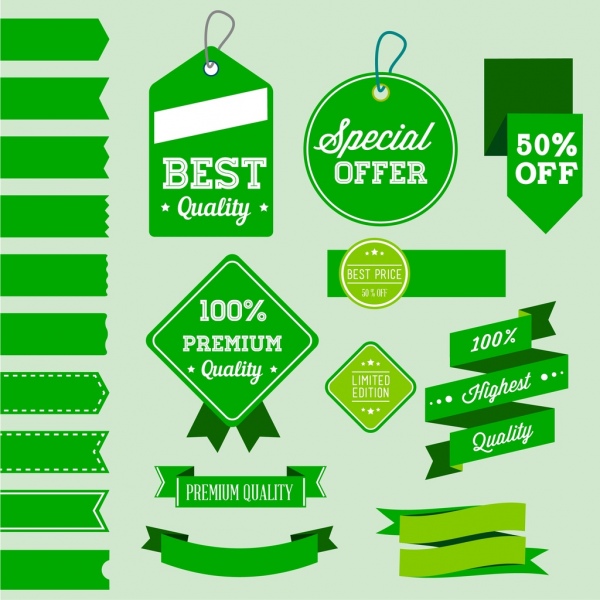 La promoción de ventas tags Collection diversas formas verdes aislamiento
