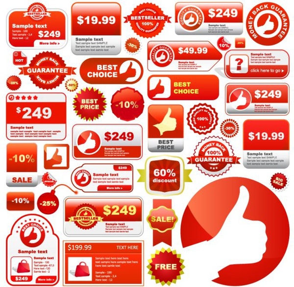Satış Etiketler koleksiyonu düz şekiller kırmızı dekor beyaz