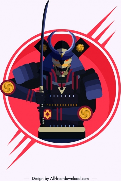 samurai icona armatura spada arredamento carattere classico colorato
