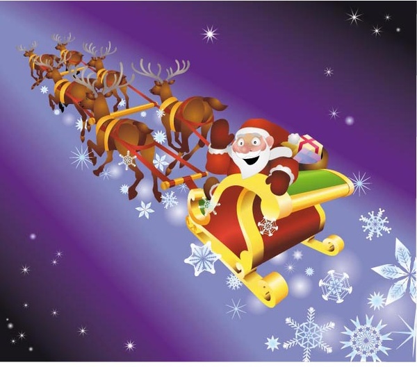 Weihnachtsmann in seinem Schlitten mit Geschenkpaket auf blauem Hintergrund Vektor Schneeflocke