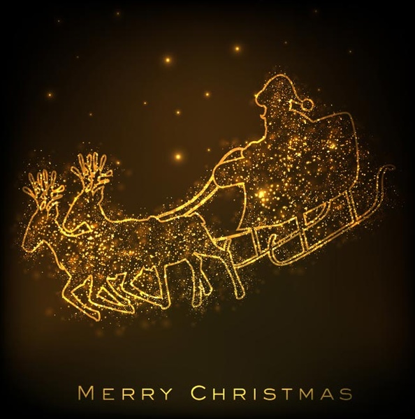 Santa Claus With Deer Sleigh Golden Line Art Christmas Card Vector