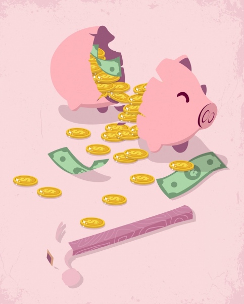Экономия концепции фон сломанной piggy банка деньги значки
