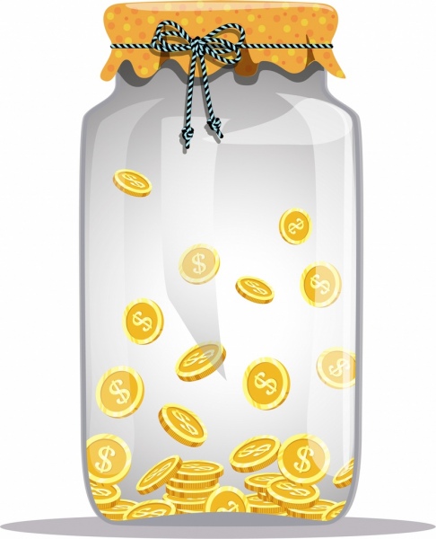 vaso di vetro di un sfondo concetto di risparmio d'oro monete icone