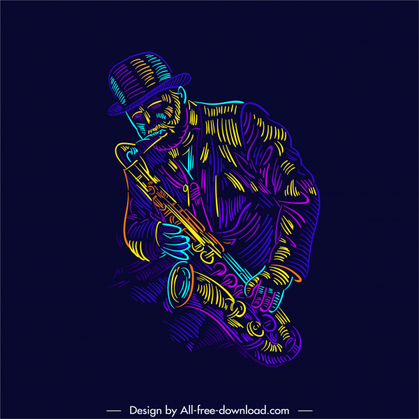 icono saxofonista oscuro colorido dibujado a mano boceto