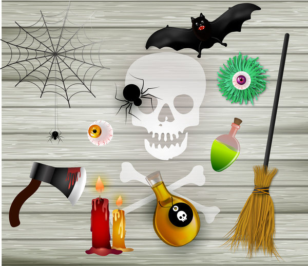 Scary Halloween Symbole setzt auf hölzernen Hintergrund
