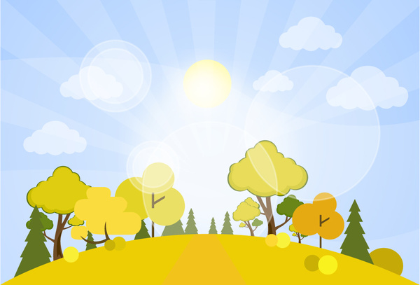 pemandangan menggambar desain dengan sinar matahari dan pohon