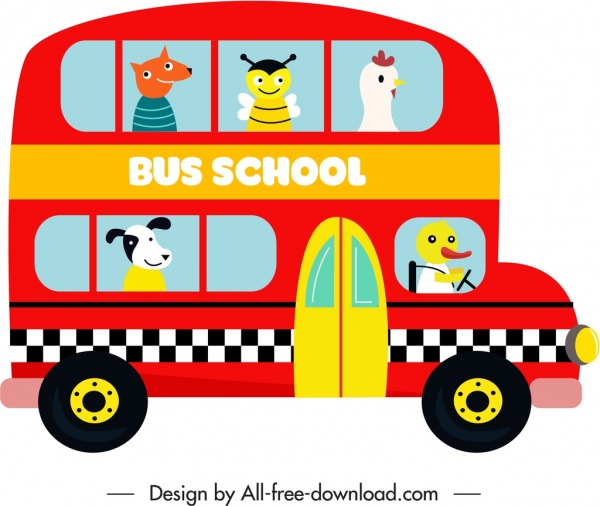 Ikon bus sekolah berwarna-warni sketsa datar bergaya kartun
