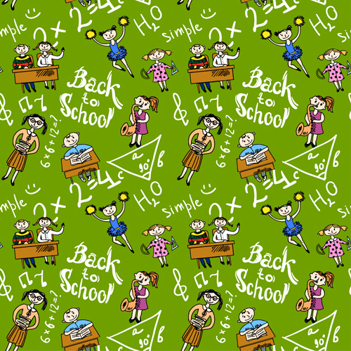 School Elements With Students Seamless Pattern Vector