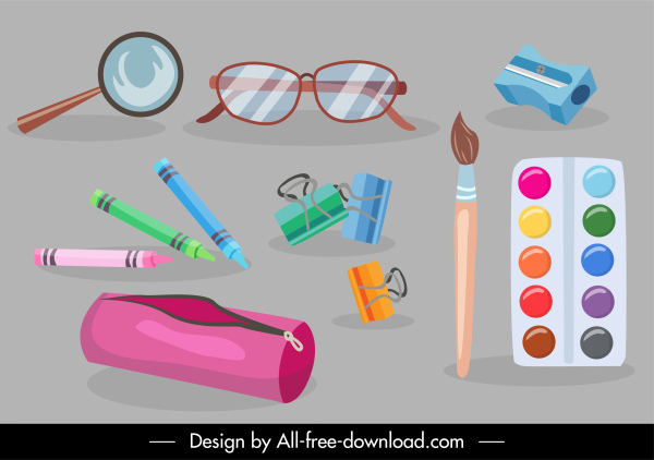 útiles escolares iconos objetos boceto diseño colorido