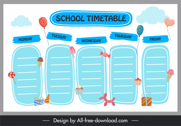 plantilla de horario escolar dibujada a mano elementos de cumpleaños decoración
