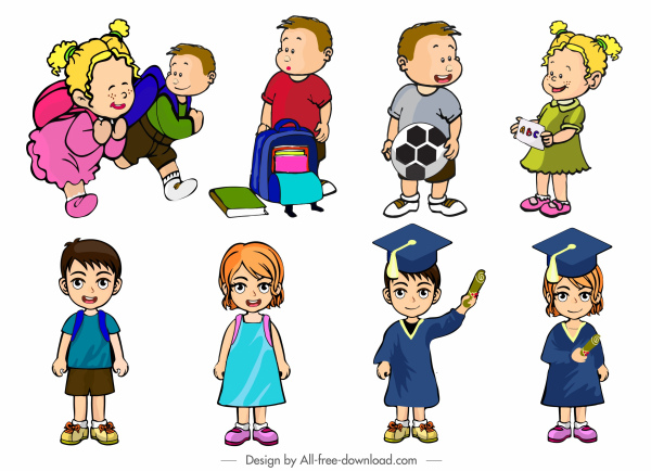ícones de crianças em idade escolar coloridos personagens de desenhos animados