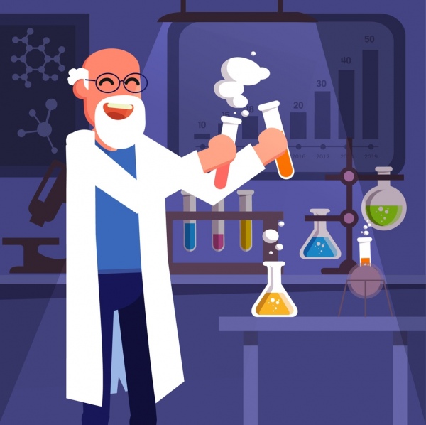 Wissenschaft Hintergrund Wissenschaftler Labor Werkzeuge Symbole Cartoon-Charakter