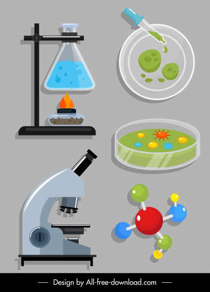 narzędzia laboratorium nauki ikony szklany mikroskop molekularny szkic