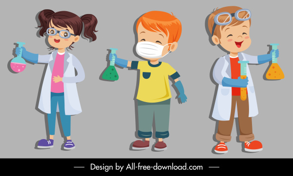 iconos científicos lindos personajes de dibujos animados de los niños bosquejo