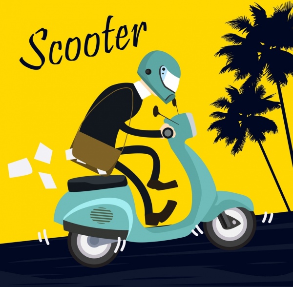 滑板車背景男子摩托車圖示卡通設計