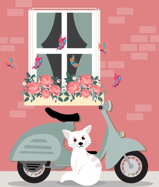 scooter disegno gatto farfalle rose icone arredamento