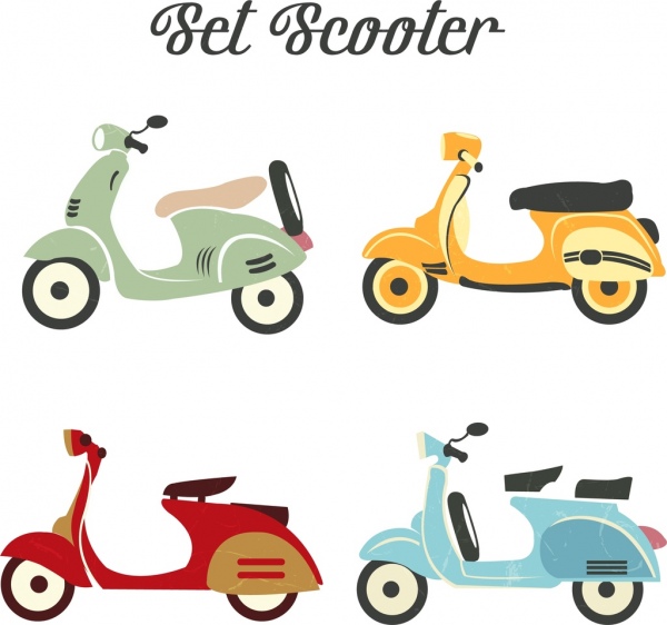 scooter icone collezione classica schizzo colorato