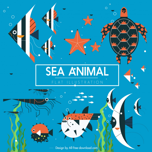 海洋動物背景五顏六色經典平面素描
