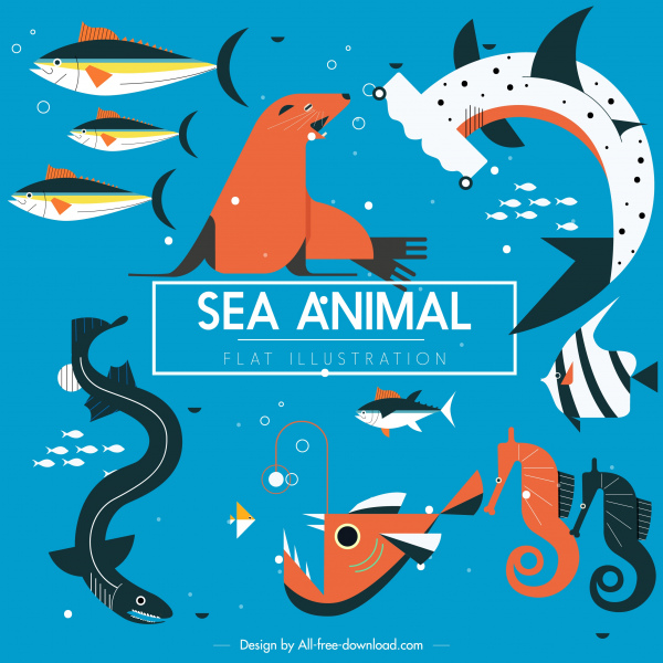Meerestiere Hintergrund Fische Arten Robben Seepferdchen Skizze