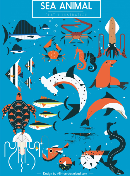 Sea Animals Icons Colored Classic Flat Sketch-vector Icon-free Vector Free  Download