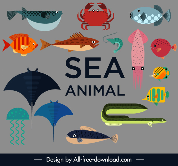 Sea Animals Icons Colored Flat Sketch-vector Icon-free Vector Free Download