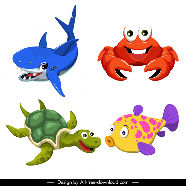 Sea Animals Icons Cute Cartoon Sketch Colorful Design-vector Cartoon-free  Vector Free Download