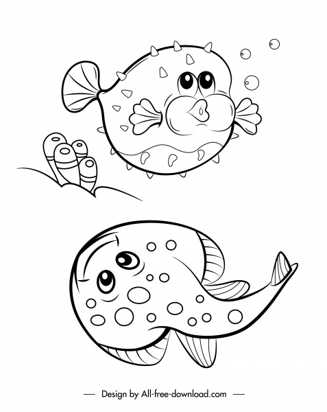 animali marini icone pesci specie schizzo cartone animato disegnato a mano