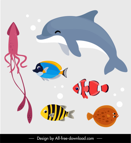 海の動物のアイコン魚イカイルカスケッチ